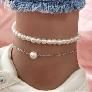2pc chain pearl anklet set - boho beach faux pearl
